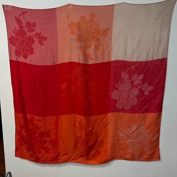 Orange 100% Cashmere Square Scarf with 9 tile Floral Patterns - Picture 4 of 9
